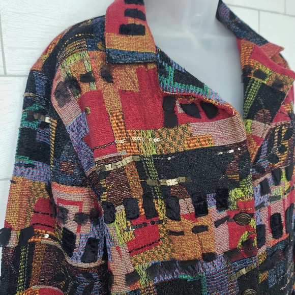 Chicos Jacket Tapestry Embellished Red Black Orange 2 Large Art to Wear Pockets - Picture 2 of 13